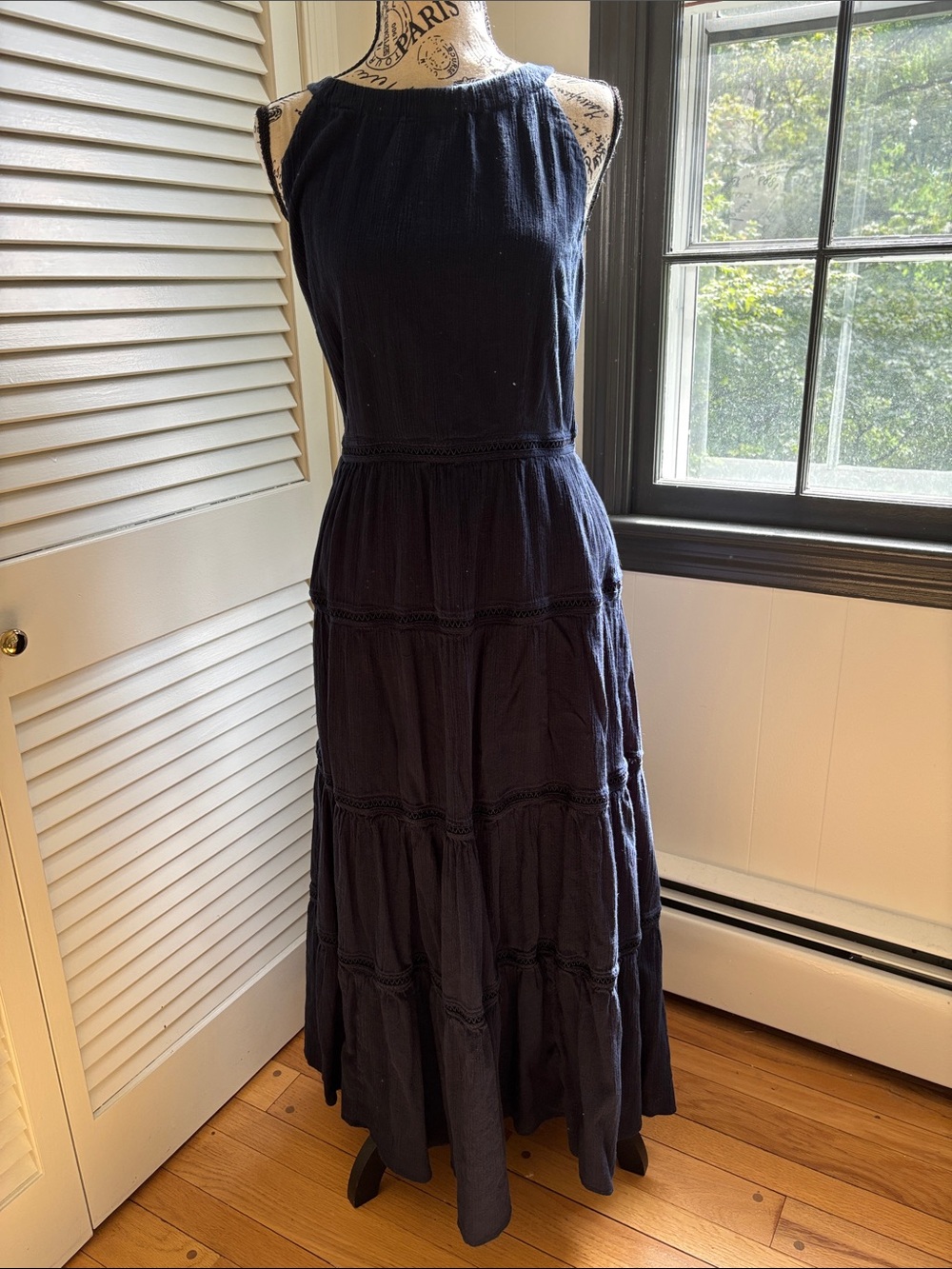 Talbots Navy Sleeveless Tiered Gauze Maxi Tie Back Boho Dress 12